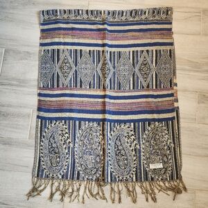 Wrap Scarf Women's Blue Gold Pashmina Silk Paisley Striped Fringe Shawl Boho